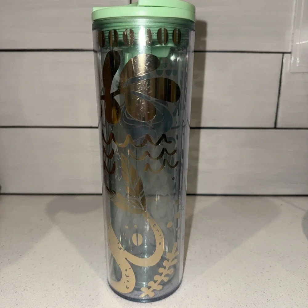 Starbucks Mermaid Siren Green Gold Clear 2020 Cold Cup 16 oz Insulated EUC
